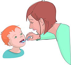 Mutter putzt Kinderzähne nach